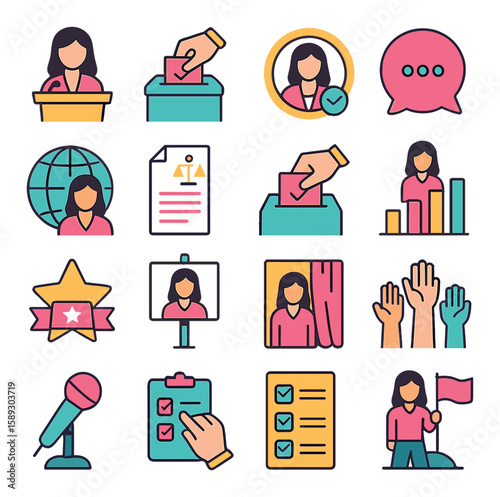 Women in politics icon collection: empowerment, leadership, voting, speech, linear