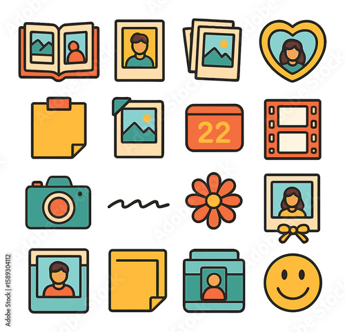Photo album icon collection. simple style: album, frame, heart, camera, flower, calendar