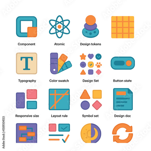Modern ui icon collection: flat component, typography, atomic design, layout rule