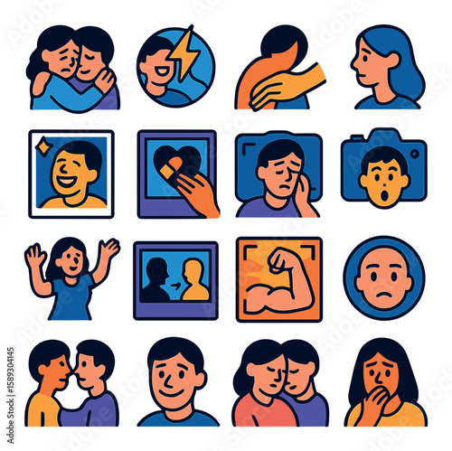 Emotional storytelling icon collection. expressions, empathy, communication, gestures, emotions, simple style