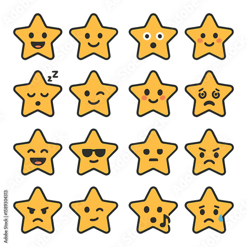 Star emotions icon collection. vibrant smiley stars, linear style. happy, sad, surprised, sleepy, sunglasses, angry