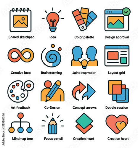 Creative icon collection. simple linear style. sketchpad, idea, palette, design, loop,