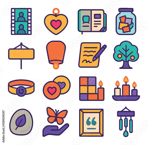 Memory-related icon collection. modern memory, memories, journal, tree, candle, linear