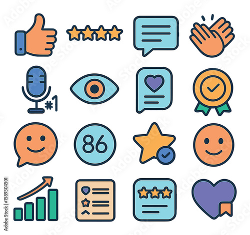 Podcast feedback icon collection. simple linear style: thumbs up, microphone, message, star, heart,