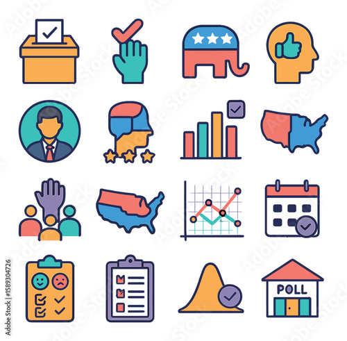 Political polling icon collection: simple, flat style. vote, chart, survey, candidate, map