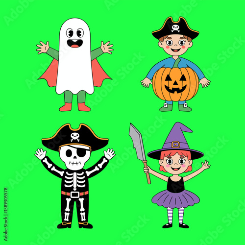 Vector art of a group of kids in halloween costumes isolated on white background