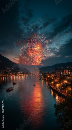 Spectacular Fireworks Illuminate the Night Sky Over a Riverside City During a...