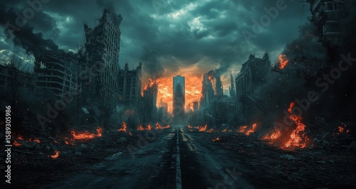 Destruction and Chaos in a Fiery Urban Landscape During Apocalyptic Twilight.