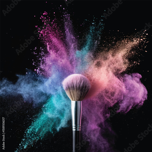 Pastel Powder Explosion with Makeup Brush on Black Background