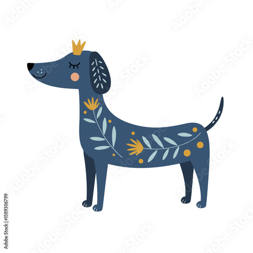 Playful dog illustration with a crown for pet lovers and whimsical home decor in  Scandinavian style, for decor, textiles, notebooks, interior designers, printed and souvenir produ