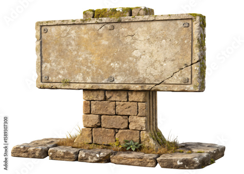 Ancient Stone Signpost: Blank Rectangular Plaque for Text or Design Isolated On Transparent Background