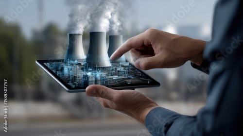 A person is holding an tablet with the screen showing a virtual, glowing digital model of a nuclear power plant. The plant is emitting steam from several towers and is surrounded by a landscape. 