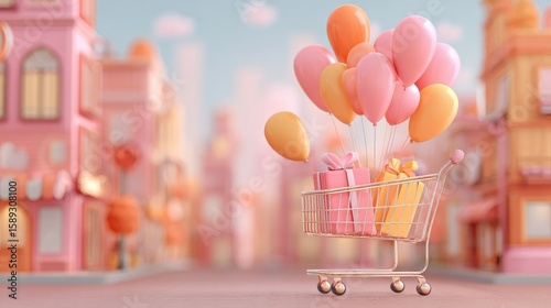 Pastel-toned shopping cart with gifts and balloons in a miniature city