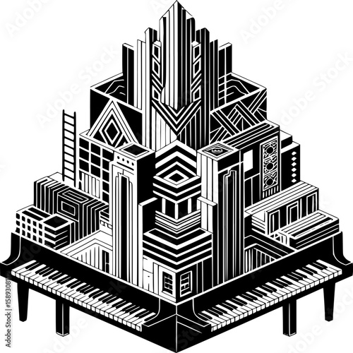Piano City: A unique perspective of architectural marvel, reimagined as a symphony of structures rising from the keys of a grand piano. 