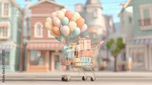 Shopping cart full of gifts and balloons floats above a pastel-toned town