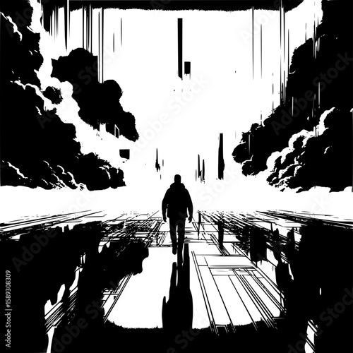 Navigating the Unknown: A lone figure journeys through a stark, surreal landscape of shadow and light, embodying themes of introspection and the exploration of the unseen.