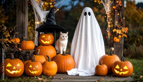 Halloween scene with ghost and cat