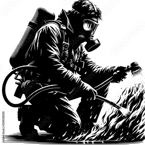 Heroic Firefighter Battling Flames: A determined firefighter, clad in protective gear including a respirator mask, bravely combats a raging fire. A symbol of courage and selflessness.