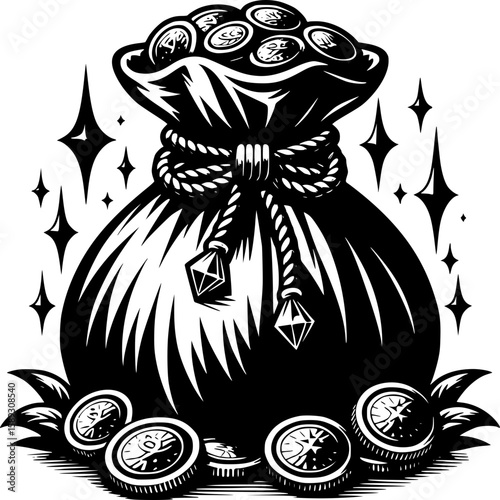 Treasure Chest Illustration: A monochromatic illustration showcases a classic treasure bag overflowing with coins.