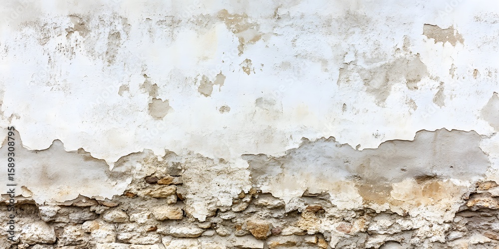 Fototapeta premium Distressed White Plaster Wall Texture with Exposed Stone