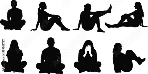 Silhouette of people sitting on ground in various poses, side and front view, isolated on white background, meditation, sadness, thinking