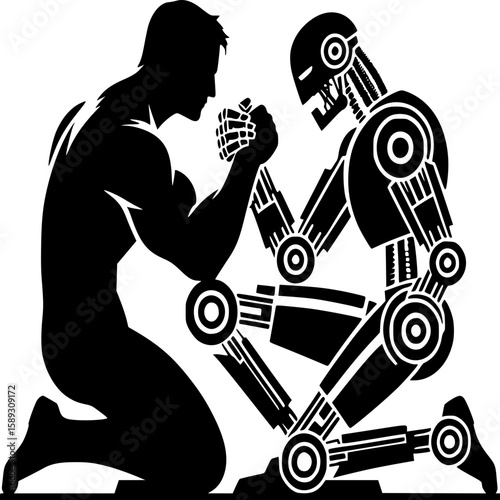 Man Versus Machine: A stark black and white depiction of a human engaging in an arm wrestling contest against a robotic opponent, symbolizing the challenges and conflicts of technology.