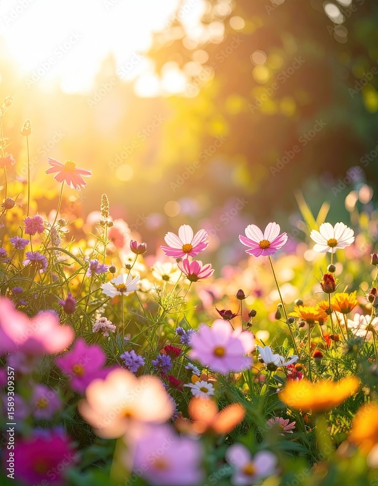 Obraz premium A vibrant field of flowers bathed in golden sunlight