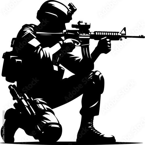 Silhouette of a Soldier in Action: A powerful, stylized image of a soldier in tactical gear, focusing intently with his weapon, ready to engage in duty.