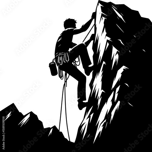 Rock Climbing Silhouette: A determined climber ascends a steep rock face, showcasing strength, perseverance, and the thrill of conquering nature's challenges.