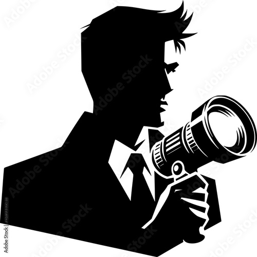 Silhouette of Photographer: A captivating monochrome silhouette of a photographer holding a large lens, evoking a sense of intrigue and capturing a moment of focused observation.
