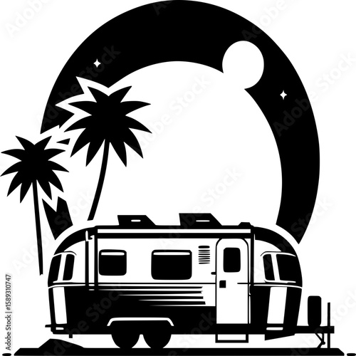 Camping Retreat: An illustration of a sleek vintage travel trailer set against a backdrop of swaying palm trees and a tranquil night sky.