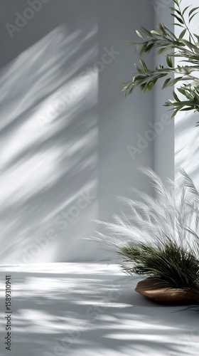 Minimalist Interior Design With Shadows and Greenery in a Calm Setting.