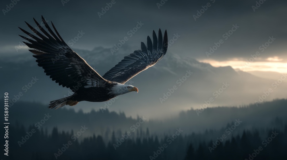Fototapeta premium Elegant Bird Gliding Gracefully Through the Air with a Dramatic Cloudy Sky in the Background