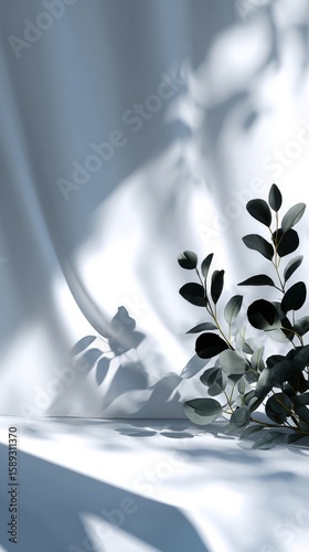 Shadows and Leaves Create a Serene Atmosphere in a Softly Lit Indoor Setting.