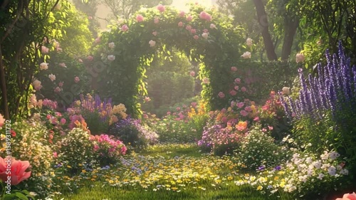 The garden path passes through a flower arch surrounded by blooming flowers and lush greenery
