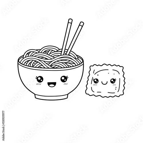 Cute bowl of noodles with chopsticks and ravioli art silhouette