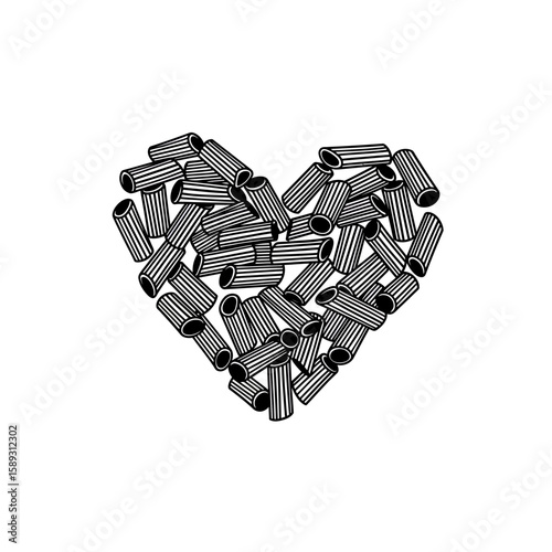 Heart shape made of rigatoni pasta monochrome design silhouette