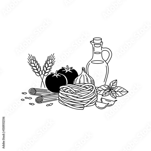 Still life with pasta tomatoes and olive oil bottle silhouette