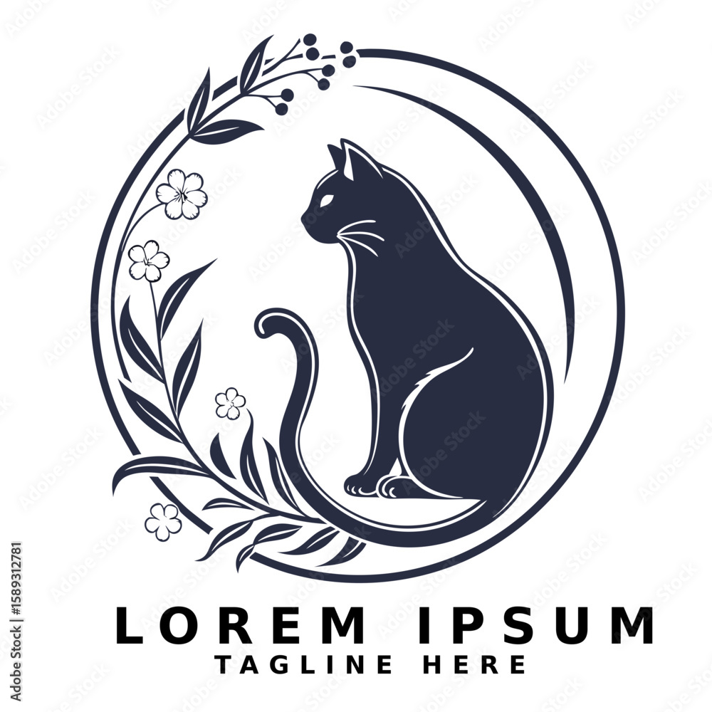 Fototapeta premium Elegant Black Cat with Crescent Moon and Floral Branches Illustration