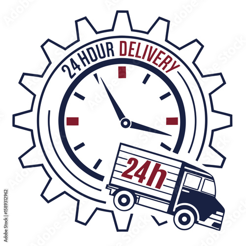 24 Hour Delivery Service Graphic with Clock, Gear and Delivery Truck