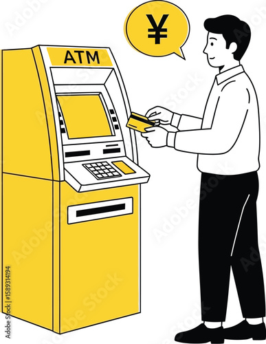 A man using an ATM machine to withdraw Yen, showcasing digital banking, finance management, and modern financial technology in a simple design.