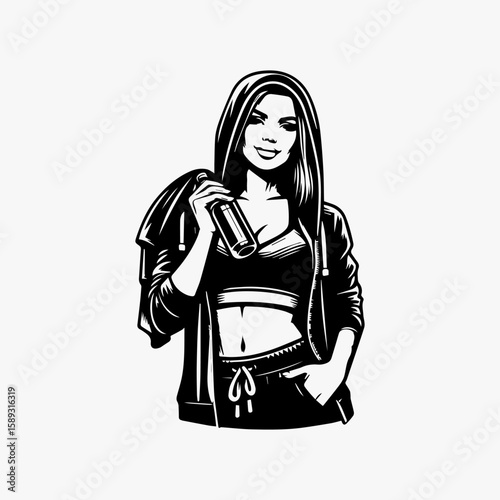 Confident Woman in Hoodie Holding Bottle Smiling and Posing Stylishly.