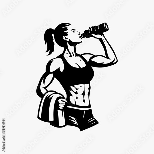 Muscular Woman Athlete Rehydrating After Workout.