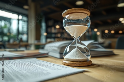 Hourglass on a Table Surrounded by Books and Documents in a Modern Reading Sp...