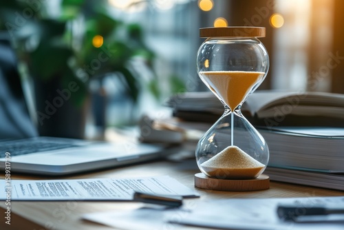 Hourglass on a Table Surrounded by Books and Documents in a Modern Reading Space