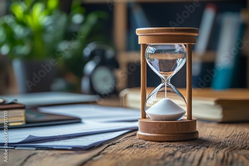 Elegant Hourglass Resting on a Wooden Desk Surrounded by Books and Stationery...