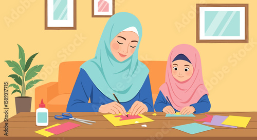 Adobe illustrator artwork vector illustration of a joyful mother and daughter crafting with scissors, glue, and paper in a cozy home interior, celebrating creativity and family bonding.