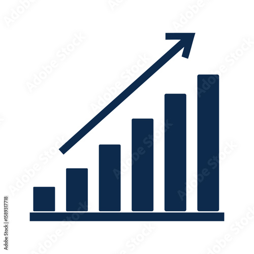 Dark blue bar graph with upward arrow on white background representing growth and progress