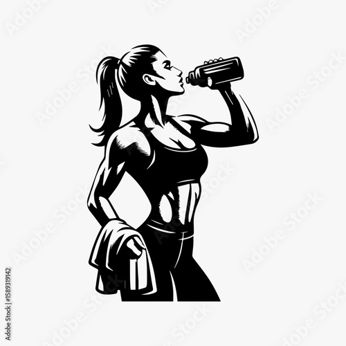 Muscular Woman Hydrating After Workout Drinking from Water Bottle.
