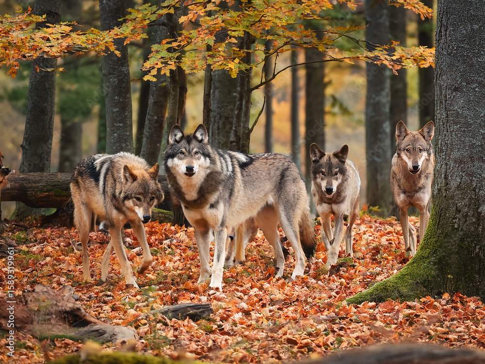 Obraz premium Two wolves in seasonal forest with fallen leaves and tall trees in natural light 